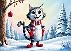 Kot, Szalik, Rękawiczki, Zima, AI