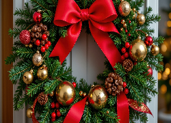 Boże Narodzenie, Wianek, Dekoracja, Gałązki, Bombki