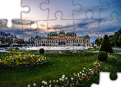 Pałac, Belweder w Wiedniu, Rabaty, Kwiaty, Trawa, Wiedeń, Austria