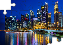 Wieżowce, Oświetlone, Domy, Central Business District, Promenada Esplanade, Noc, Most, Singapur