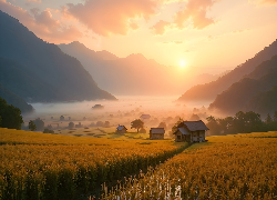 Pola, Dolina, Góry, Domy, Mgła, Drzewa, AI