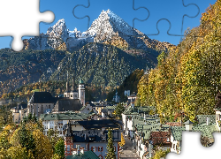 Niemcy, Bawaria, Berchtesgaden, Góry Alpy Berchtesgadeńskie, Góra Watzmann, Las, Kościół, Domy, Drzewa