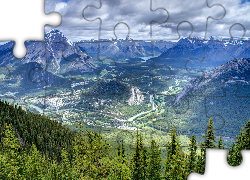 Las, Drzewa, Góry, Rzeki, Jezioro, Domy, Dolina