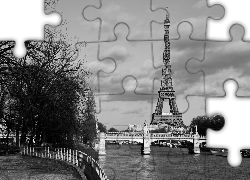 Francja, Paryż, Most, Wieża Eiffla, Rzeka Sekwana, Bulwar, Drzewa