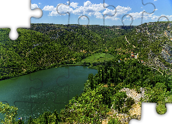 Wzgórza, Lasy, Drzewa, Jezioro Visovac, Park Narodowy Krka, Chorwacja