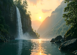 Wodospad, Skały, Drzewa, Rzeka, Góry, Zachód słońca