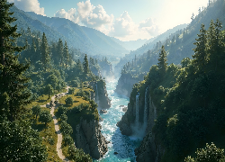 Rzeka, Skały, Drzewa, Wodospady, Góry