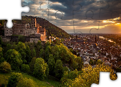 Zamek w Heidelbergu, Drzewa, Rzeka Neckar, Heidelberg, Niemcy