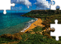 Morze, Wzgórza, Zatoka, Ramla Bay, Plaża Ramla Beach, Plaża Czerwonego Piasku, Wyspa Gozo, Malta
