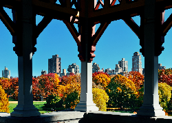Jesień, Central Park, Kolumny, Drzewa, Wieżowce, Nowy Jork, Manhattan, Stany Zjednoczone