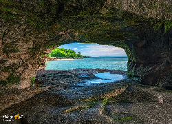Stany Zjednoczone, Michigan, Jaskinia, Łuk, Skały, Lake Superior, Drzewa
