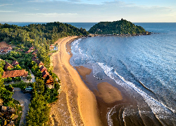 Plaża, Domy, Drzewa, Morze, Z lotu ptaka