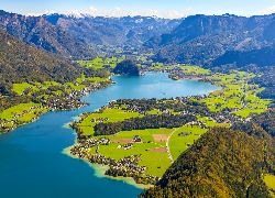 Z lotu ptaka, Jezioro Wolfgangsee, Góry, Alpy, Austria