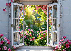 Otwarte, Okno, Kwiaty, Ogród