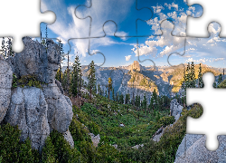 Punkt widokowy, Glacier Point, Dolina, Yosemite Valley, Góry, Sierra Nevada, Drzewa, Skały, Park Narodowy Yosemite, Kalifornia, Stany Zjednoczone