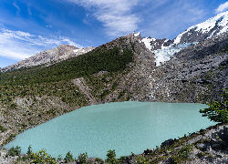 Argentyna, Prowincja Santa Cruz, Jezioro, Lago del Desierto, Lodowiec, Huemul Glacier, Góry, Śnieg, Niebo