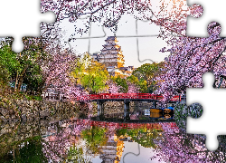 Wiosna, Zamek Himeji, Zamek Białej Czapli, Okwiecone, Gałęzie, Drzewa, Kanał, Most, Himeji, Japonia