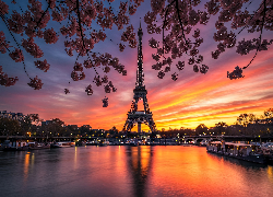 Rzeka, Sekwana, Wieża Eiffla, Zachód słońca, Paryż, Francja, Grafika AI