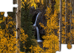 Jesień, Las, Drzewa, Brzozy, Wodospad, Nellie Creek Falls, Kolorado, Stany Zjednoczone