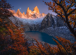 Argentyna, Patagonia, Góry, Szczyt, Fitz Roy, Jezioro, Drzewa
