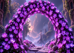 Fioletowe, Kwiaty, Łuk, Góry, AI