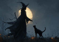 Wiedźma, Czarny, Kot, Księżyc, Halloween, Grafika AI