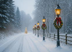 Boże Narodzenie, Zima, Droga, Latarnie, Wieńce, Choinka, Mgła, Las