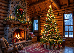 Pokój, Udekorowana, Choinka, Prezenty, Kominek, Wieniec, Fotele, Boże Narodzenie, AI