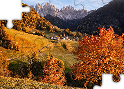 Włochy, Góry, Dolomity, Domy, Jesień, Drzewa, Wieś, Santa Maddalena