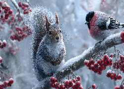 Wiewiórka, Gil, Gałąź, Jarzębina, Zima, Grafika AI