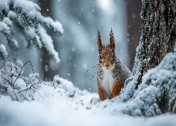 Wiewiórka, Zima, Pień, Gałązki, Grafika AI