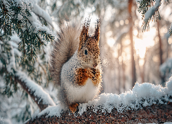 Wiewiórka, Gałąź, Śnieg, Grafika AI