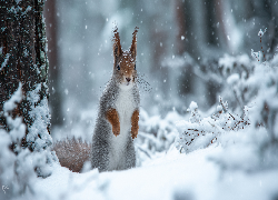 Wiewiórka, Zima, Śnieg, Grafika AI