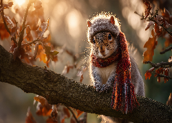 Wiewiórka, Gałąź, Czapka, Szalik, Grafika AI