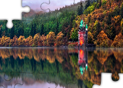 Walia, Hrabstwo Powys, Jezioro Lake Vyrnwy, Budowla, Wieża ciśnień, Jesień, Drzewa, Lass