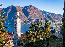 Szwajcaria, Kanton Ticino, Lugano, Góra, Alpy, Jezioro Lugano, Domy, Wieża, Kościół, Katedra Świętego Wawrzyńca, Drzewa