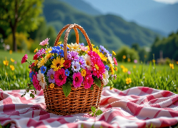 Kwiaty, Kolorowe, Wiklinowy, Koszyk, Koc, Góry