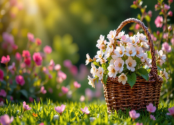 Białe, Różowe, Kwiaty, Wiklinowy, Koszyk, Trawa