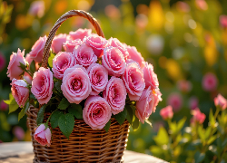 Różowe, Róże, Bukiet, Wiklinowy, Koszyk