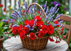 Kwiaty, Lawenda, Koszyk, Stolik, Ogród, Grafika AI