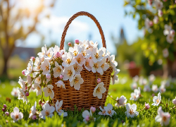 Białe, Różowe, Drobne, Kwiaty, Wiklinowy, Koszyk