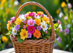 Kolorowe, Rozwinięte, Kwiaty, Wiklinowy, Koszyk