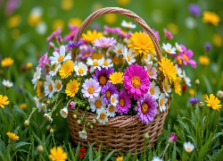 Kolorowe, Polne, Kwiaty, Bukiet, Wiklinowy, Koszyk