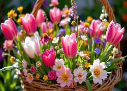 Kwiaty, Tulipany, Bukiet, Koszyk, Grafika AI