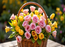 Żółte, Tulipany, Różowe, Róże, Wiklinowy, Koszyk, Kwiaty