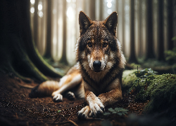 Wilk, Spojrzenie, Las, Grafika AI