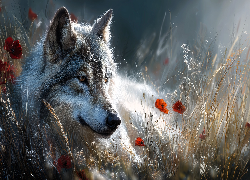 Wilk, Trawy, Maki, Grafika AI