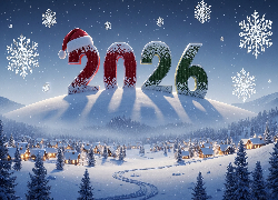Nowy Rok, 2026, Wioska, Domki, Choinki, Drzewa