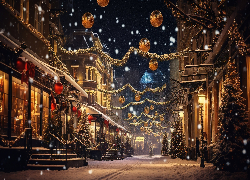 Zima, Boże Narodzenie, Ulica, Domy, Oświetlenie, Noc