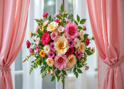 Wiszący, Bukiet, Kwiaty, Okno, Zasłony, Grafika AI